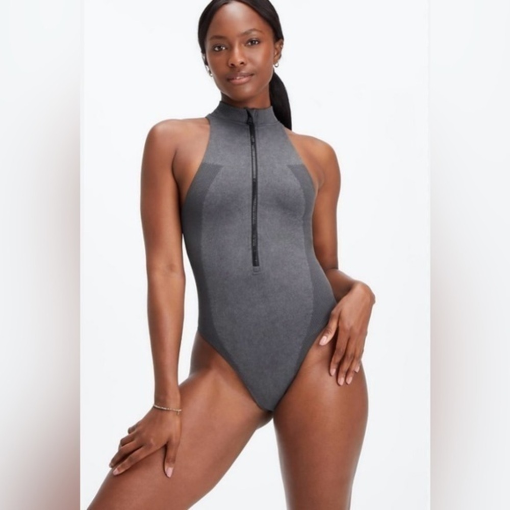 Gray Zipper Front Bodysuit